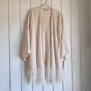 Lush Cream Embroidered Fringe Kimono